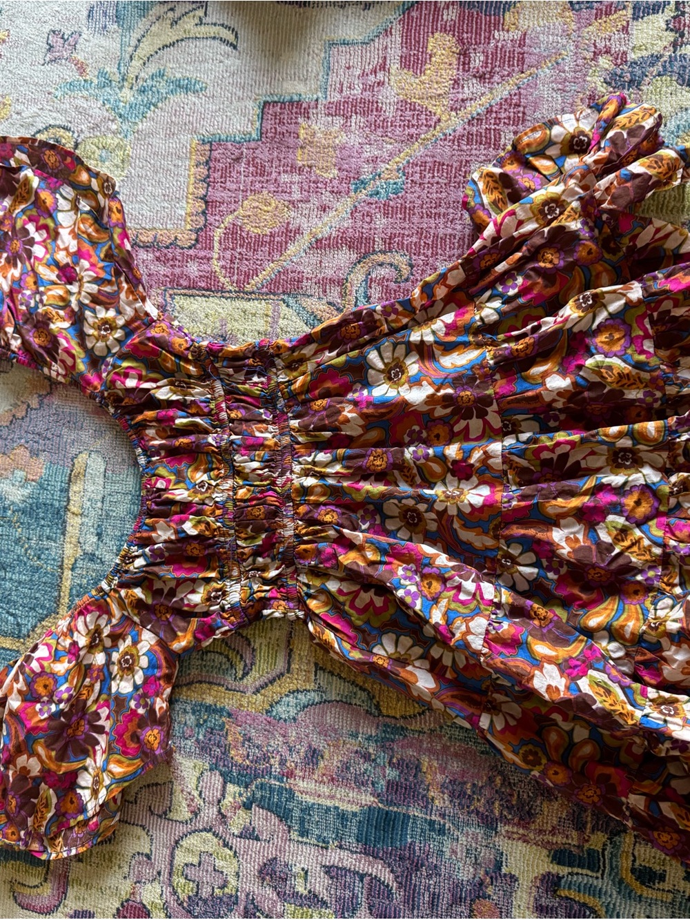 Trendy boutique Brown Floral Mini Dress with Pink & Blue Accents